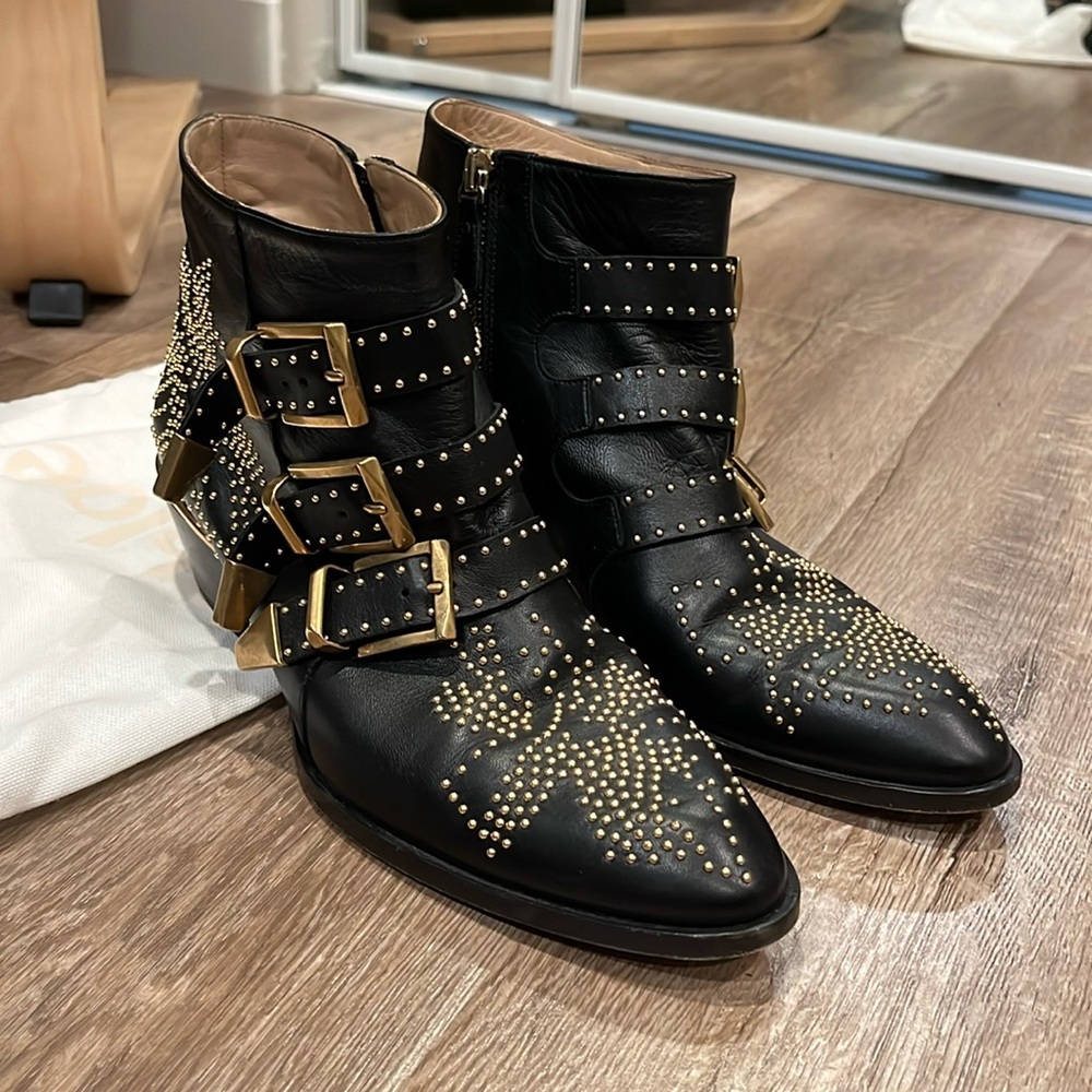 Chloe Susanna Ankle Short Boots, Black with Gold Hardware, Size 38